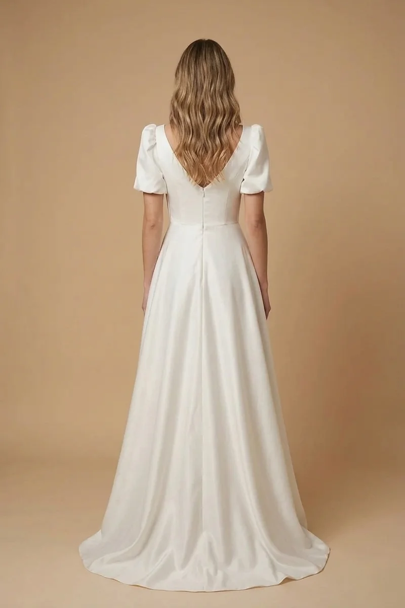 Luna Puff Sleeve Satin Modern Wedding Dress - 2