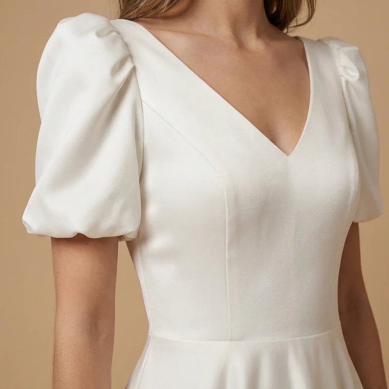 Luna Puff Sleeve Satin Modern Wedding Dress - 3