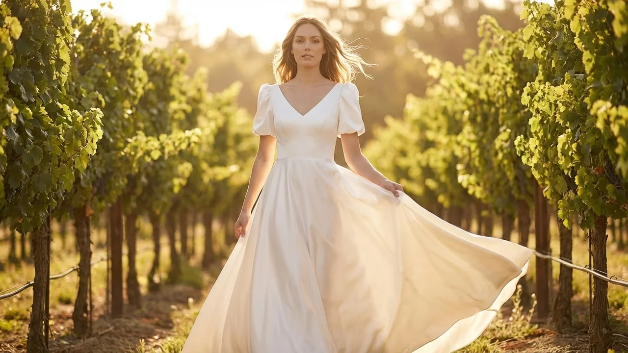 Luna Puff Sleeve Satin Modern Wedding Dress - 6