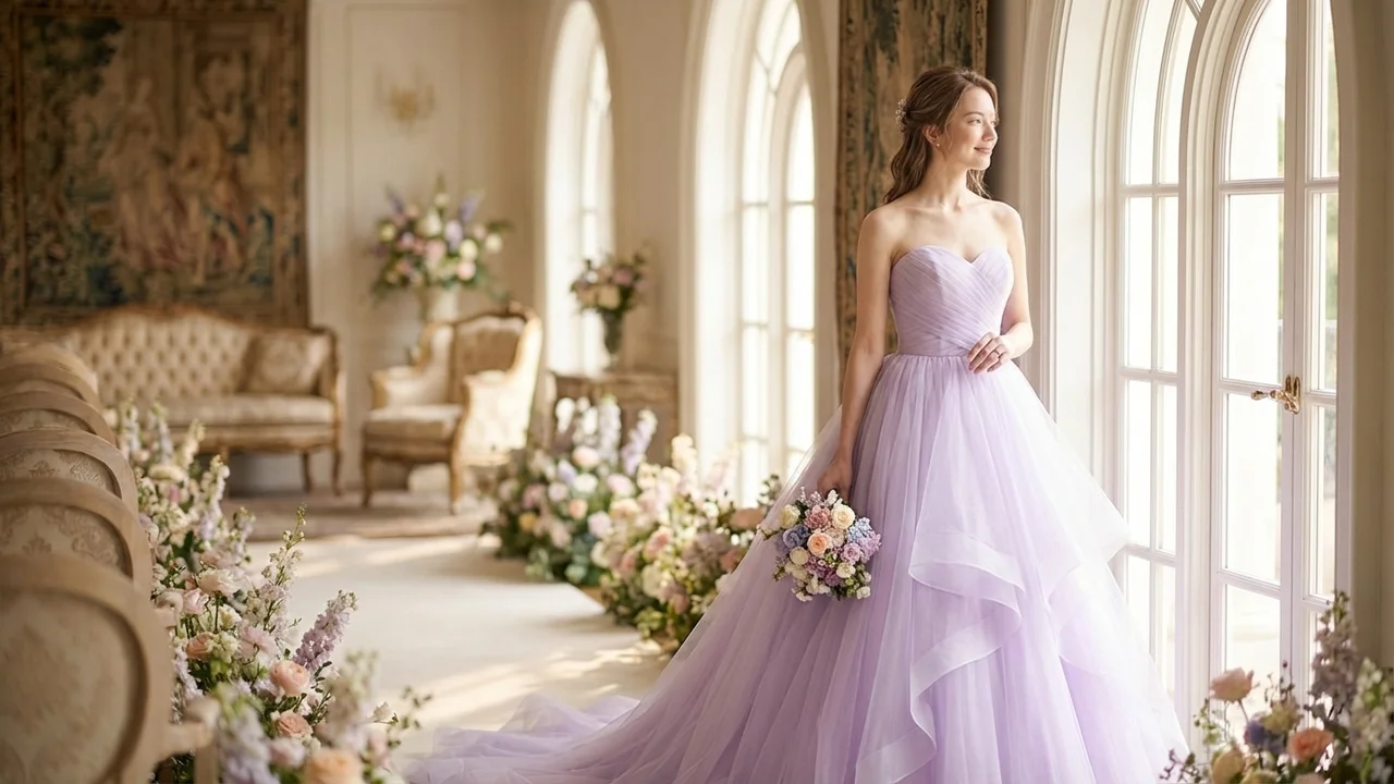 Lavender Tulle Ball Gown Wedding Dress - 5