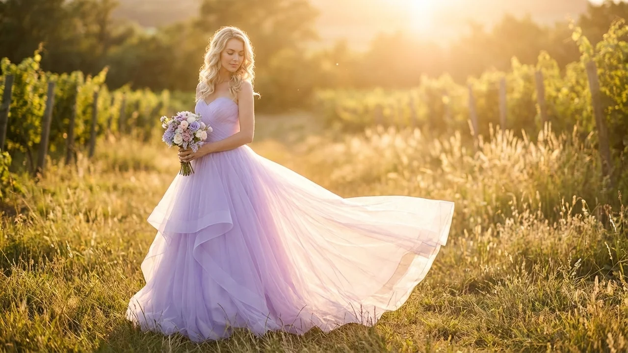 Lavender Tulle Ball Gown Wedding Dress - 6