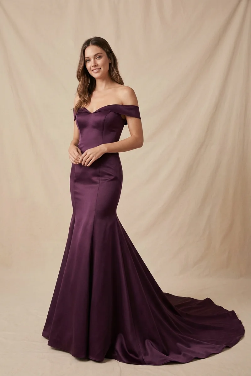 Plum Satin Mermaid Purple Wedding Dress - 1