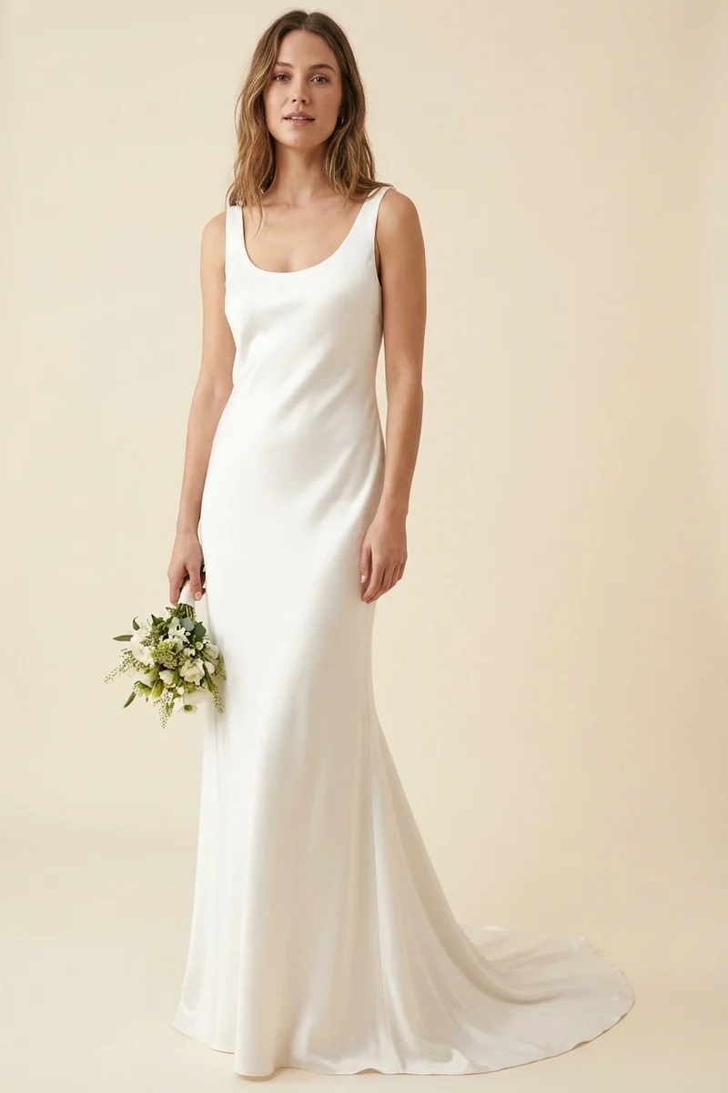 Robe de Mariée Fourreau en Satin Col Rond avec Petite Traîne - 1