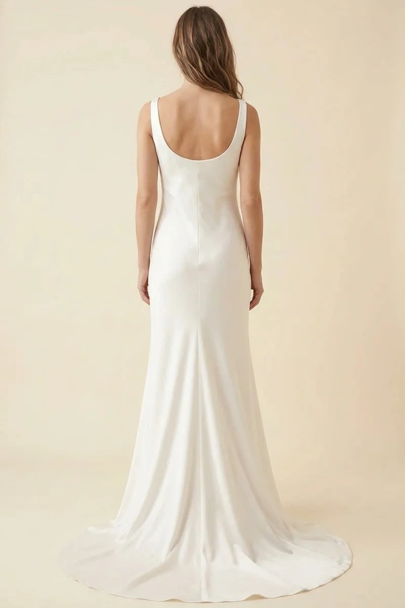 Robe de Mariée Fourreau en Satin Col Rond avec Petite Traîne - 2