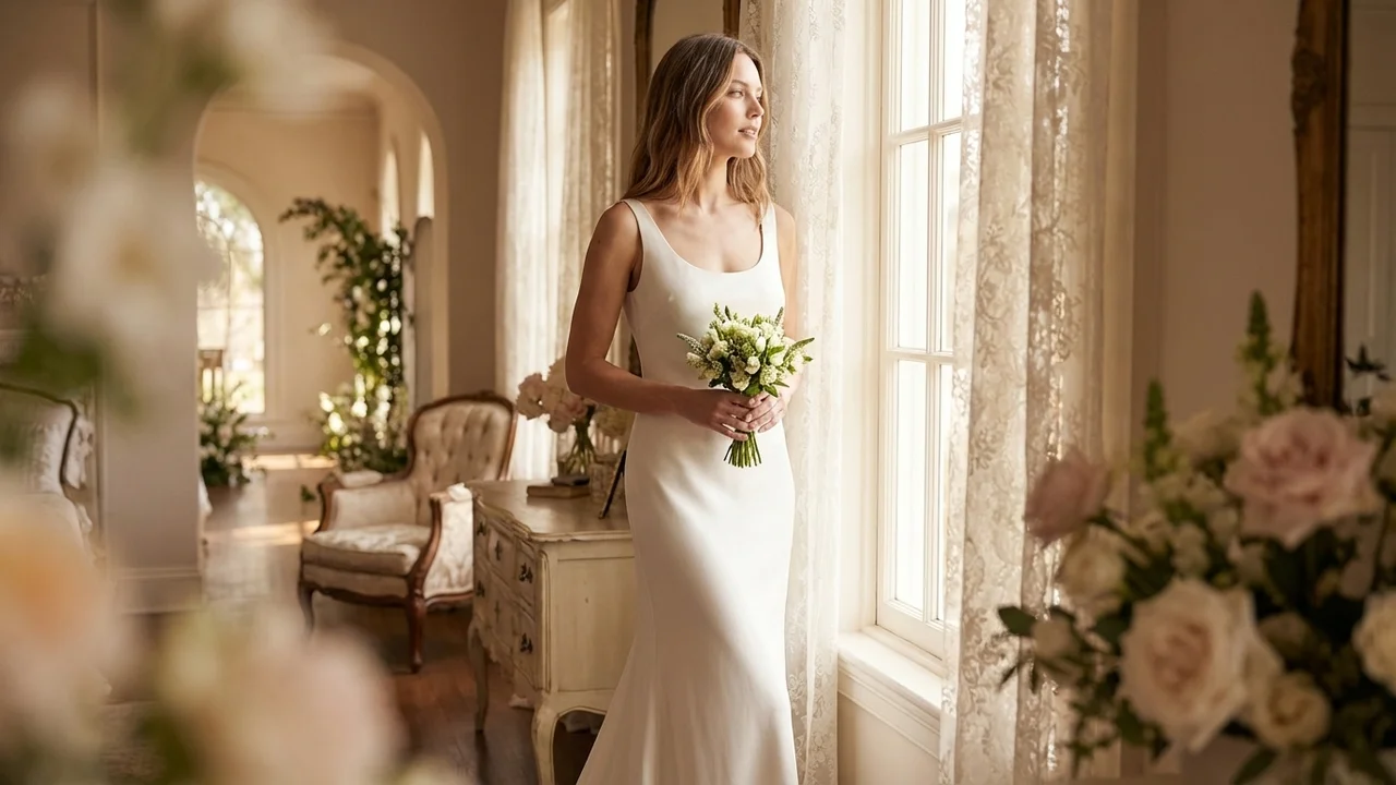 Robe de Mariée Fourreau en Satin Col Rond avec Petite Traîne - 5