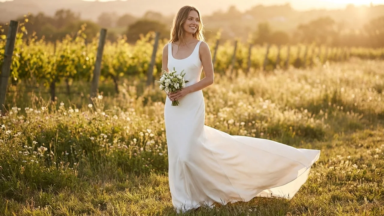 Robe de Mariée Fourreau en Satin Col Rond avec Petite Traîne - 6