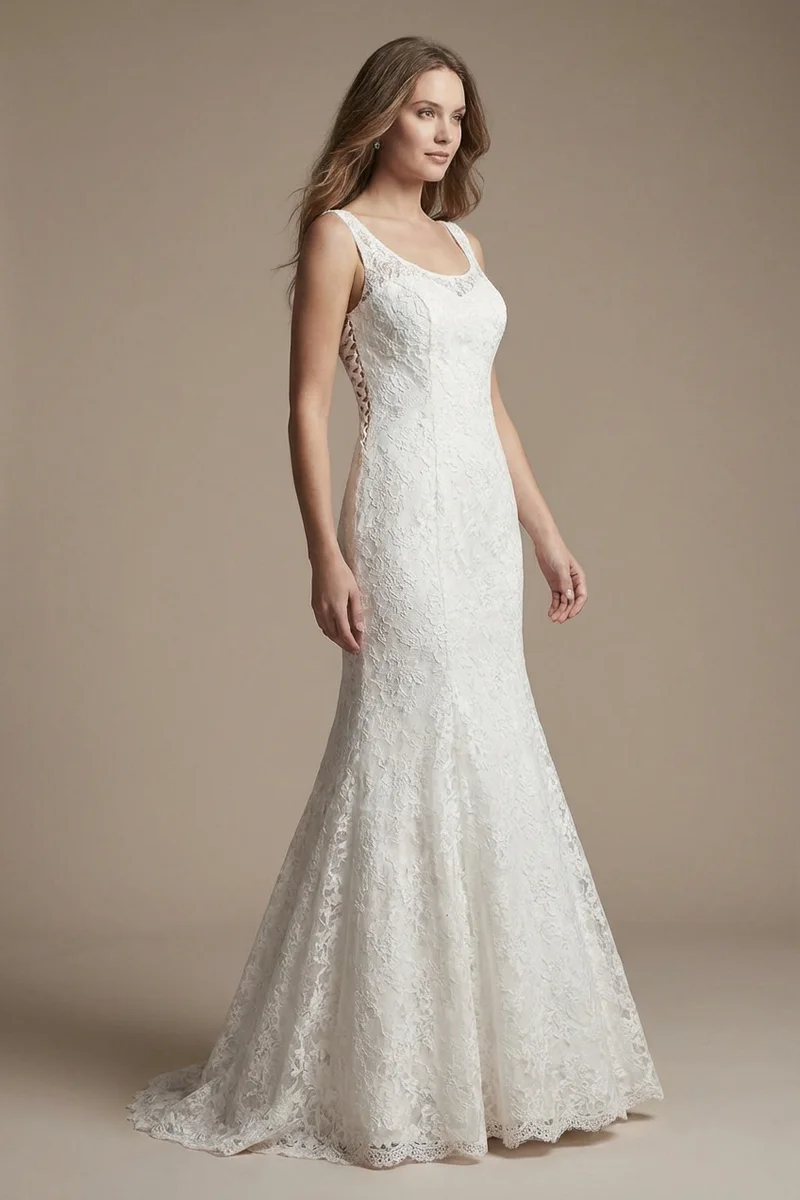 Rundhals-Spitzen-Brautkleid in Fit-and-Flare-Silhouette mit Korsett-Rücken - 1