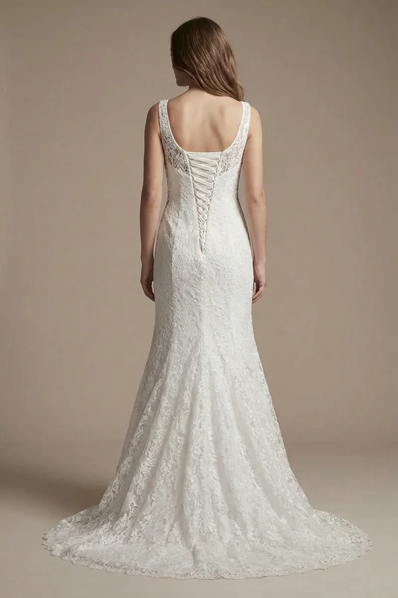 Robe de Mariée en Dentelle Col Rond Coupe Évasée avec Dos Corseté - 2