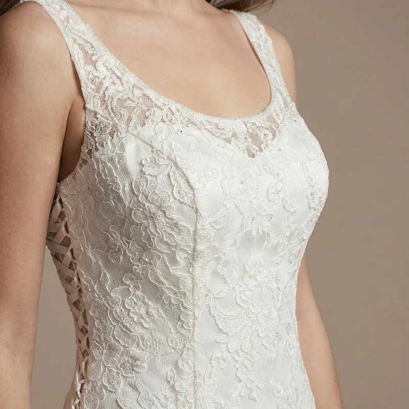Robe de Mariée en Dentelle Col Rond Coupe Évasée avec Dos Corseté - 3