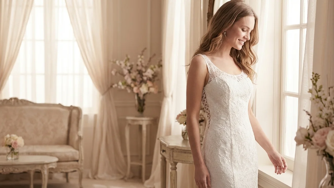 Robe de Mariée en Dentelle Col Rond Coupe Évasée avec Dos Corseté - 5