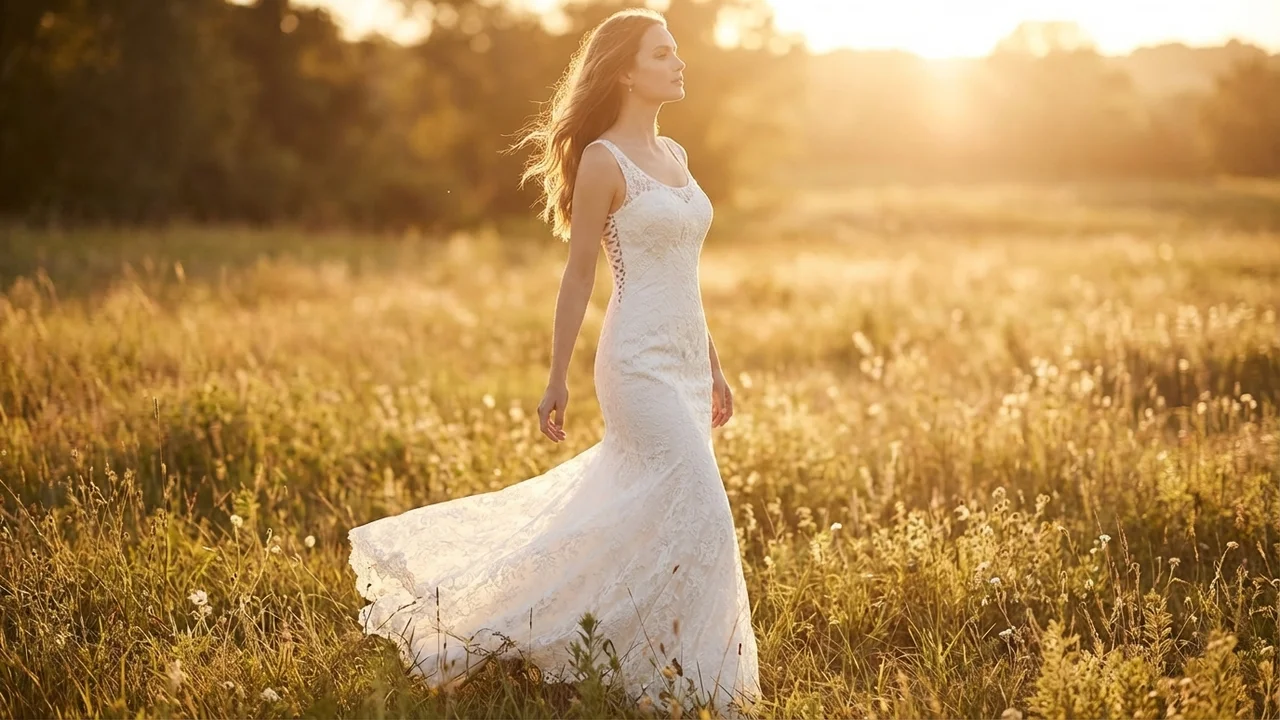 Robe de Mariée en Dentelle Col Rond Coupe Évasée avec Dos Corseté - 6