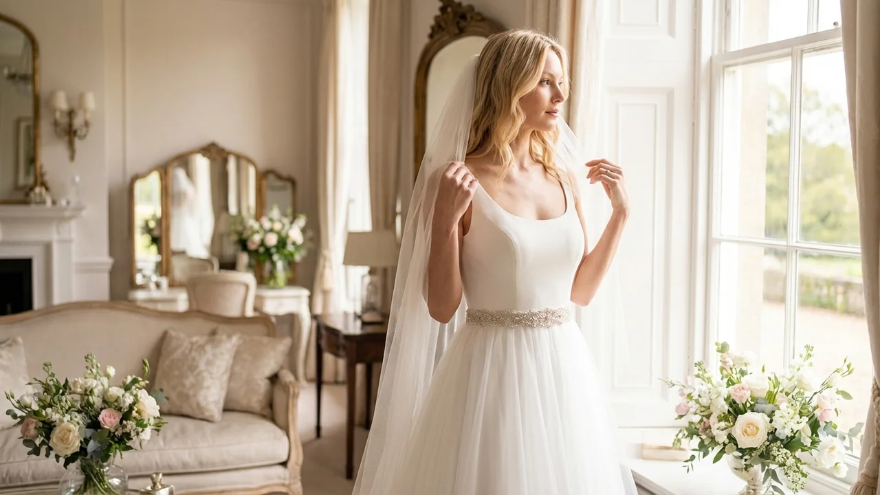 Rundhals-Tüll-Prinzessinnen-Brautkleid mit Perlen-Gürtel - 5