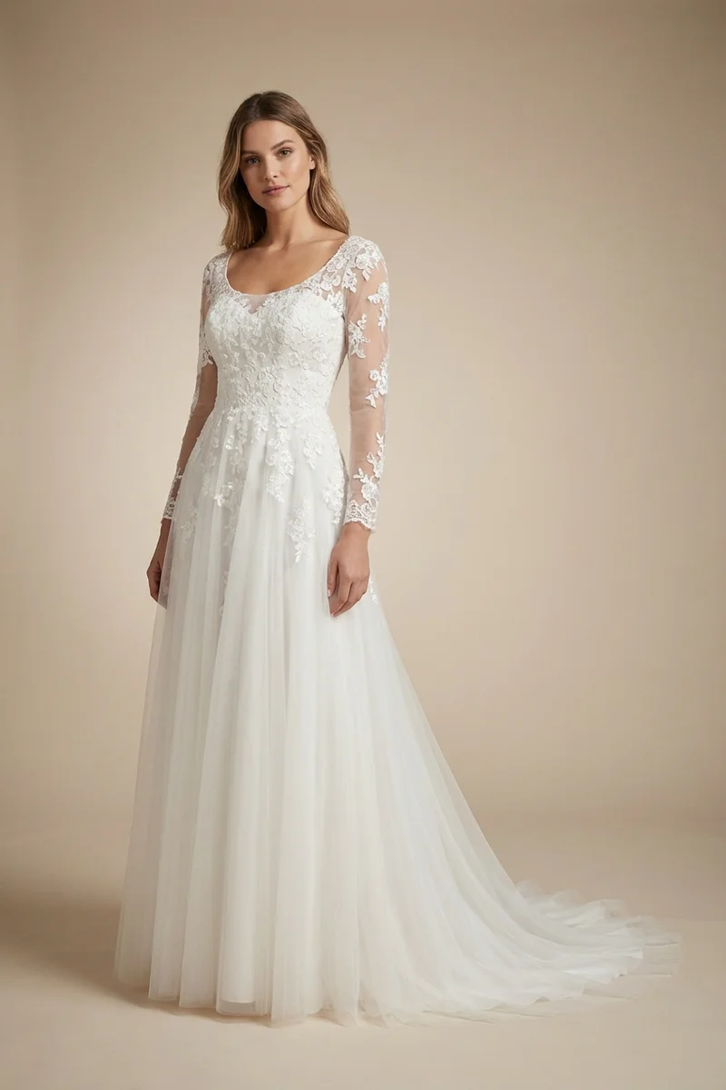 Illusion Lace Sheer Sleeve Wedding Dress - 1