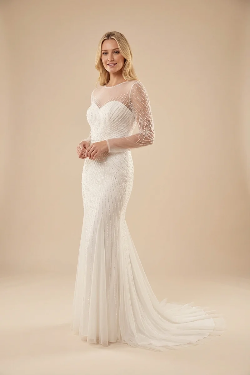 Beaded Sheer Sleeve Fitted Wedding Dress - 1