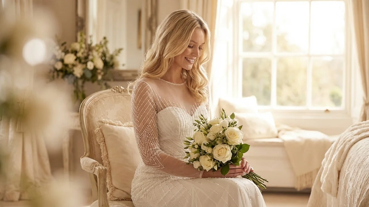 Perlenbesetztes figurbetontes Brautkleid mit transparenten Ärmeln - 5