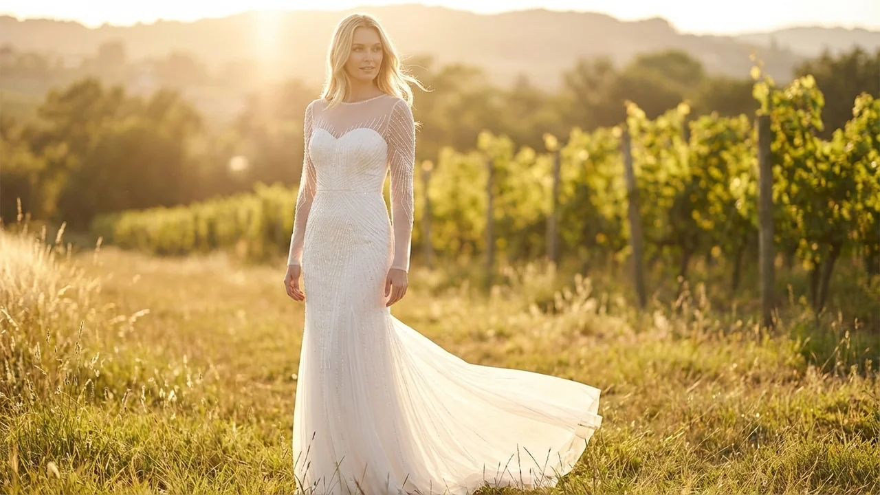 Perlenbesetztes figurbetontes Brautkleid mit transparenten Ärmeln - 6