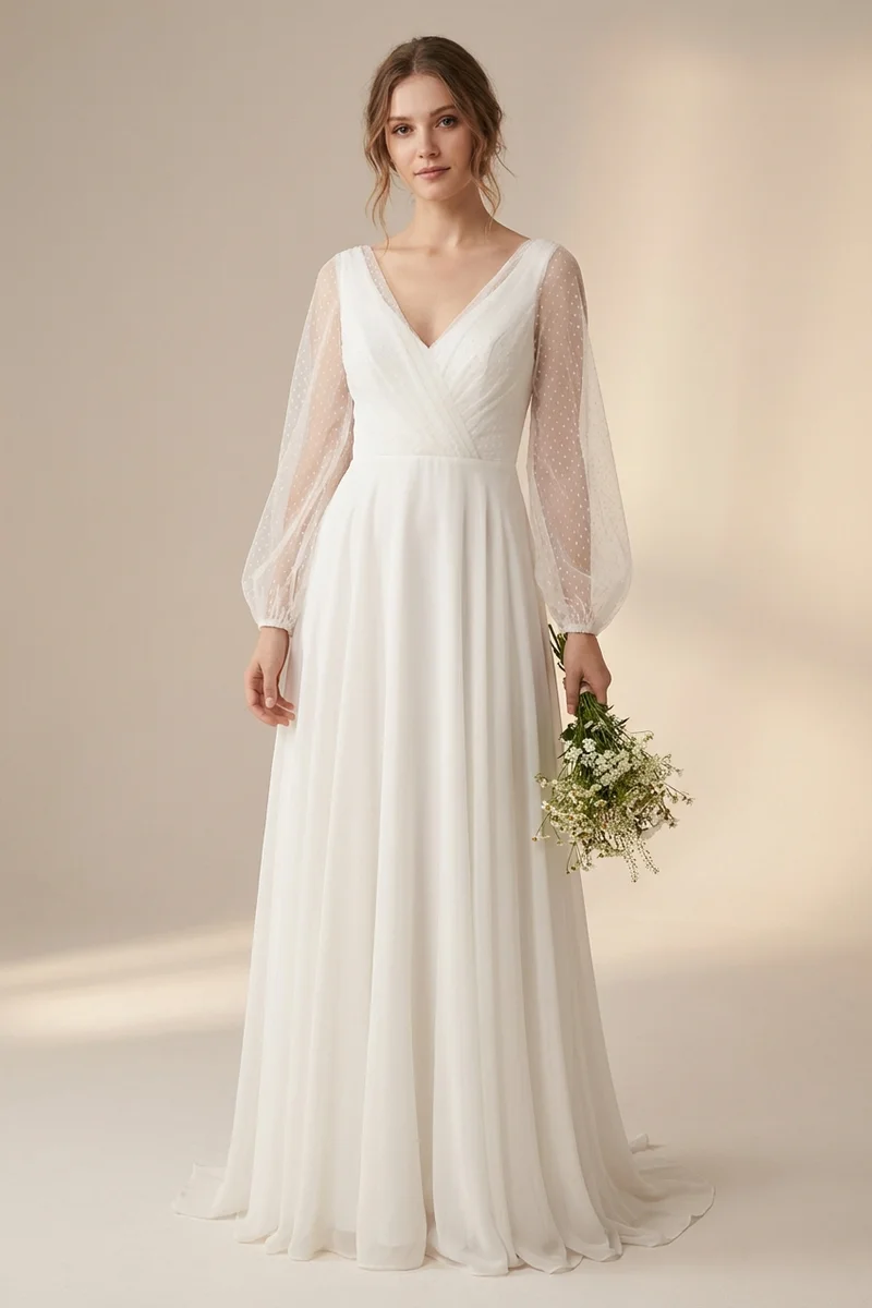 Bohemian Sheer Sleeve Chiffon Wedding Dress - 1