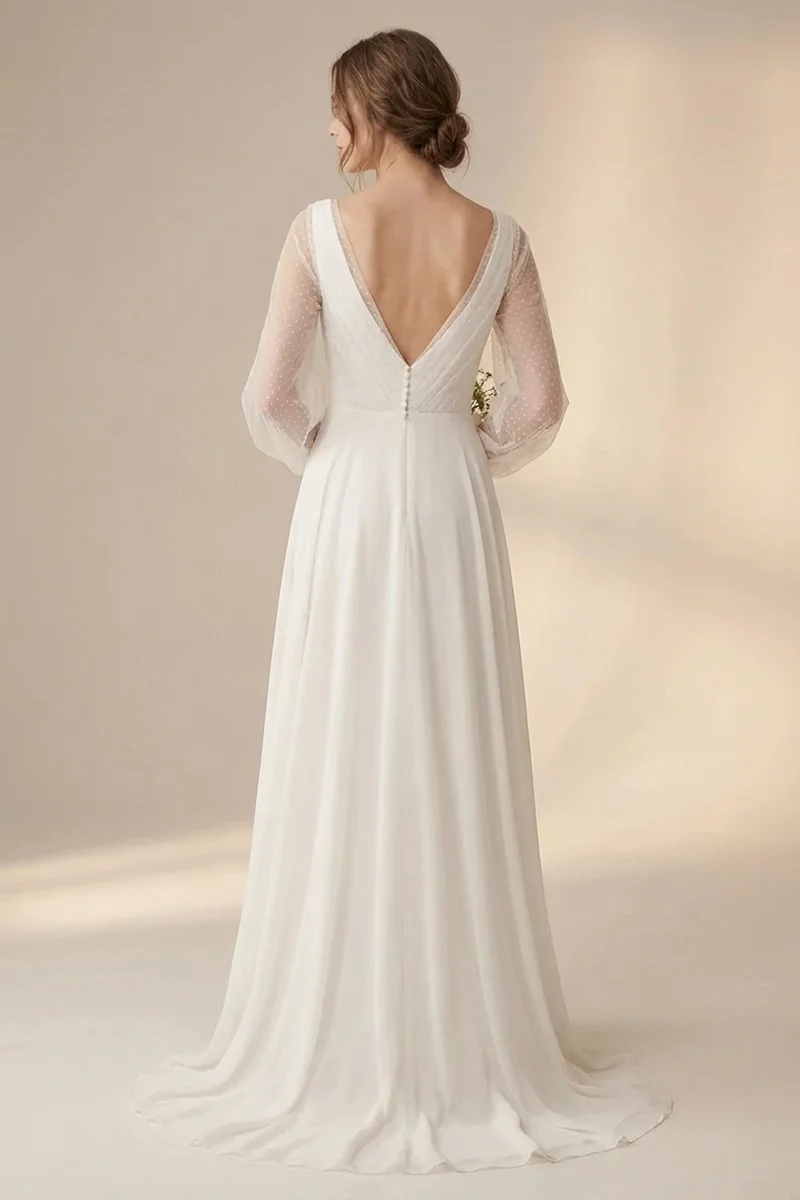 Bohemian Sheer Sleeve Chiffon Wedding Dress - 2