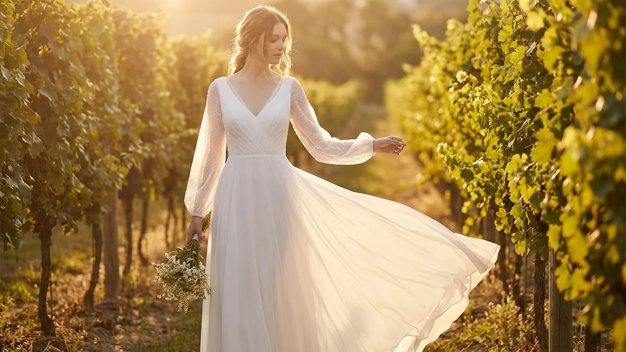 Bohemian Sheer Sleeve Chiffon Wedding Dress - 6