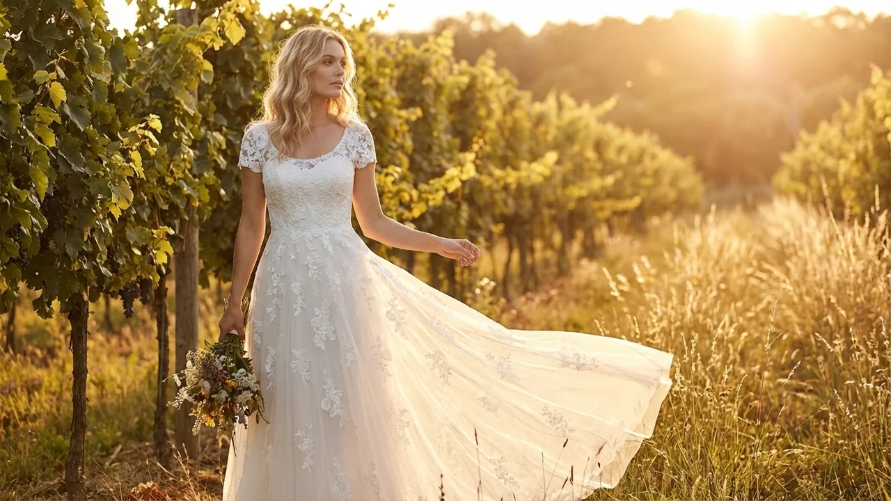 Modest Lace Short Sleeve Wedding Dress - 6