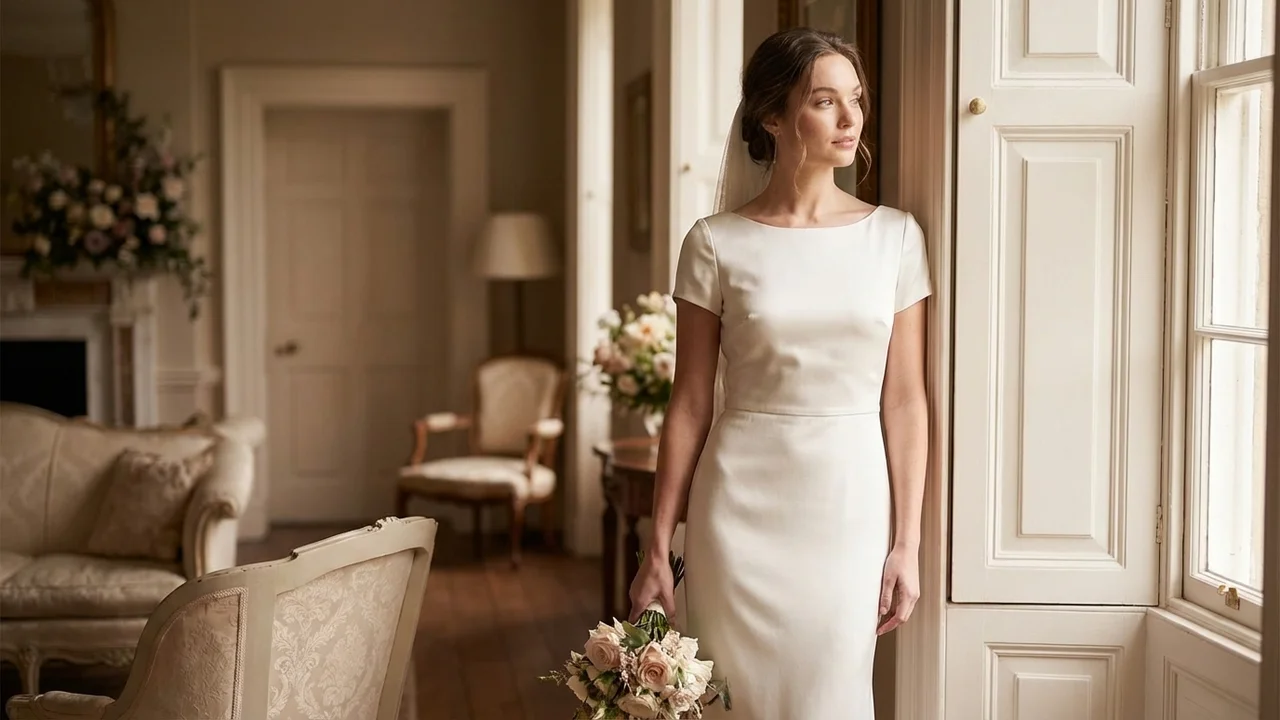 Robe de Mariée Minimaliste en Satin à Manches Courtes - 5