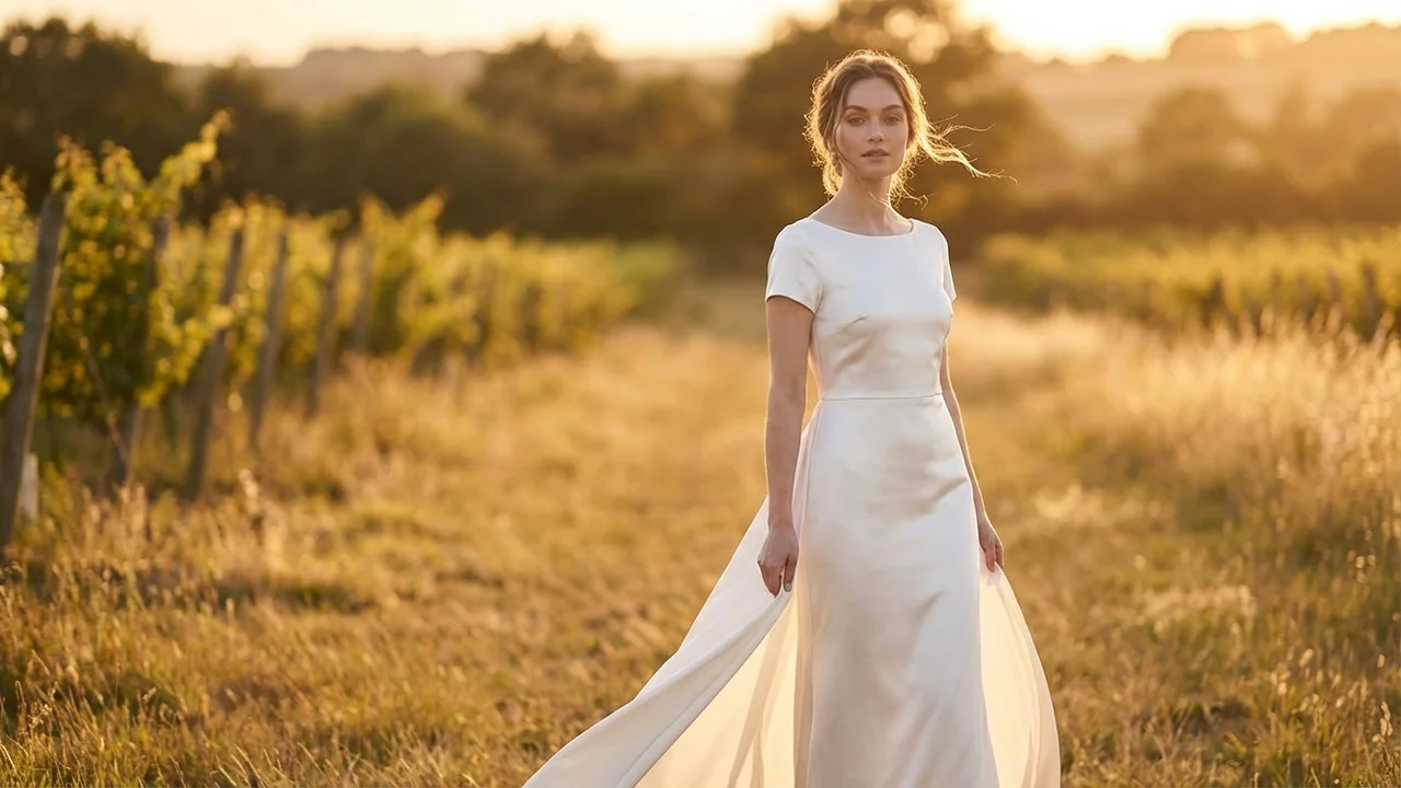 Robe de Mariée Minimaliste en Satin à Manches Courtes - 6