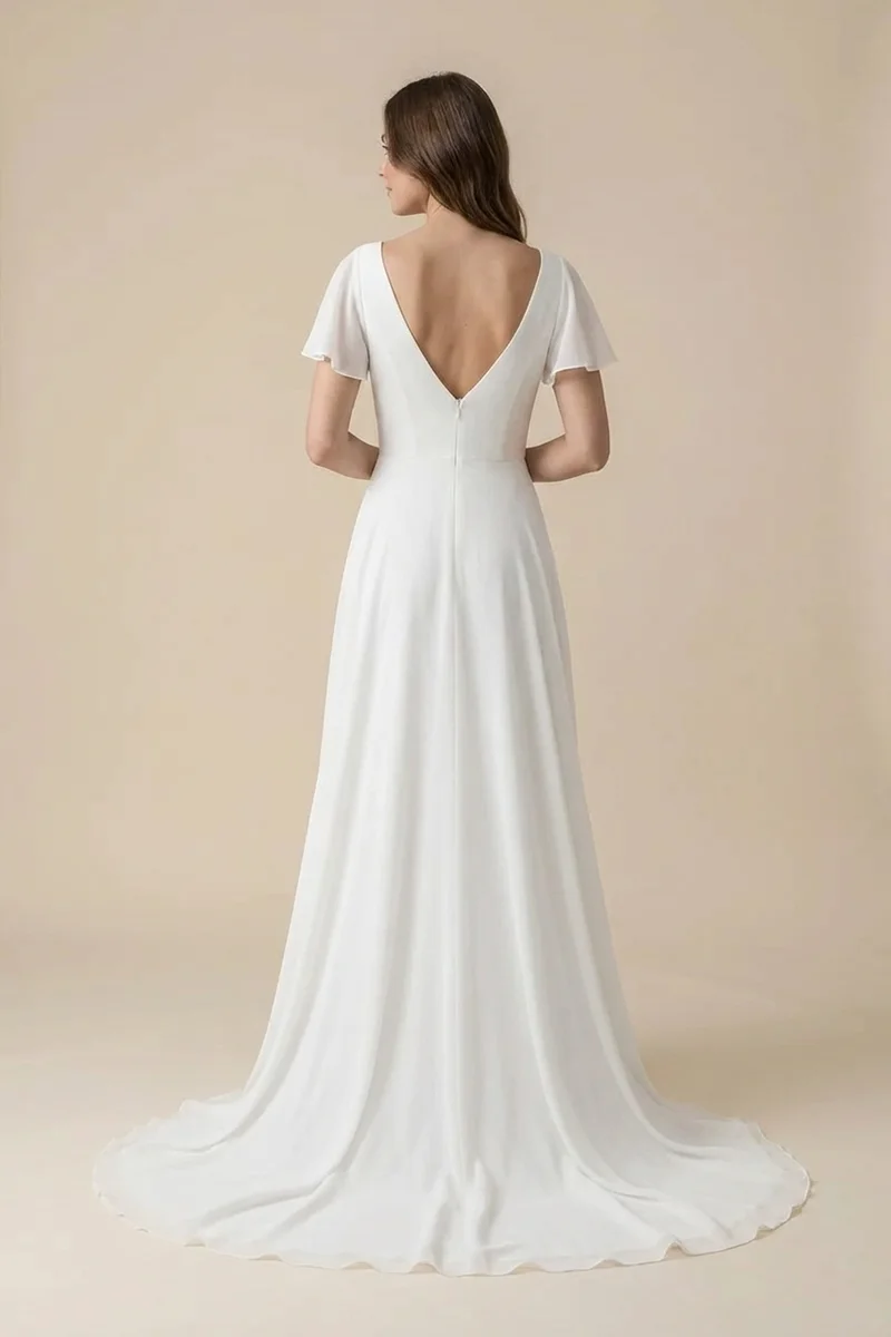 Robe de Mariée Plage en Mousseline à Manches Courtes - 2