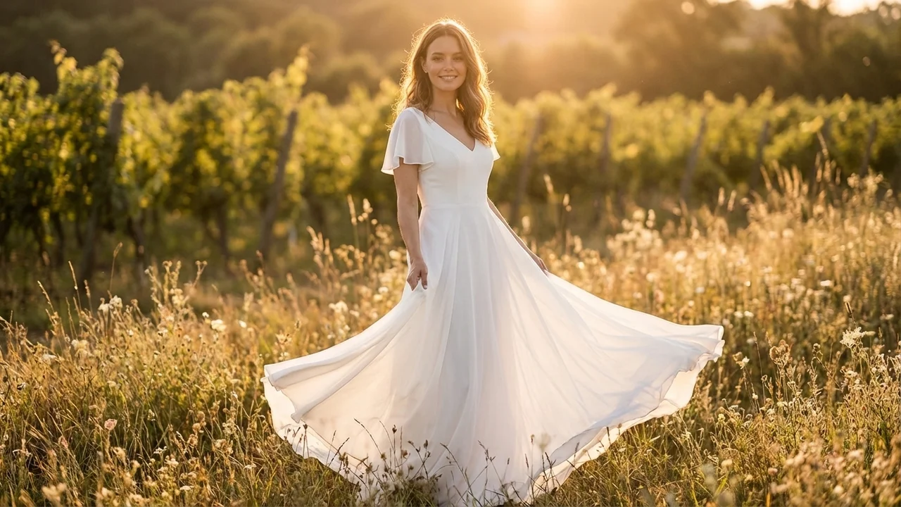 Robe de Mariée Plage en Mousseline à Manches Courtes - 6