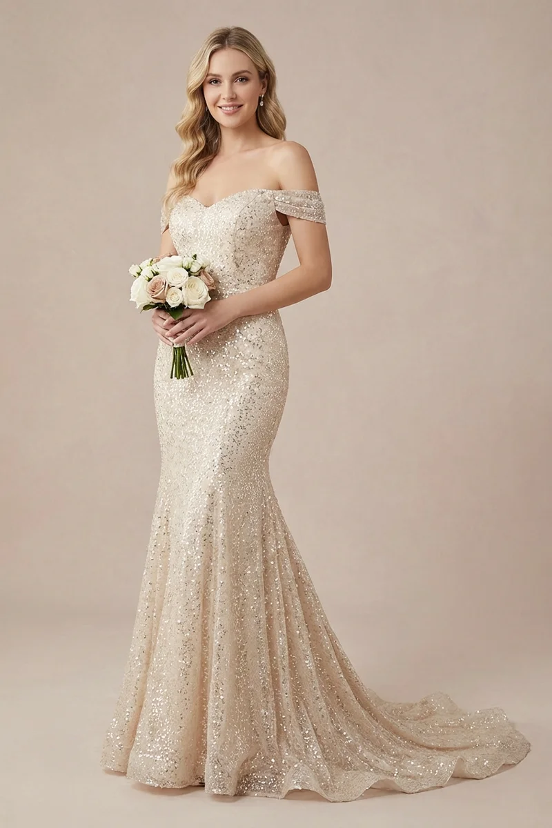 Noelle Sequin Off-Shoulder Mermaid Wedding Dress - 1