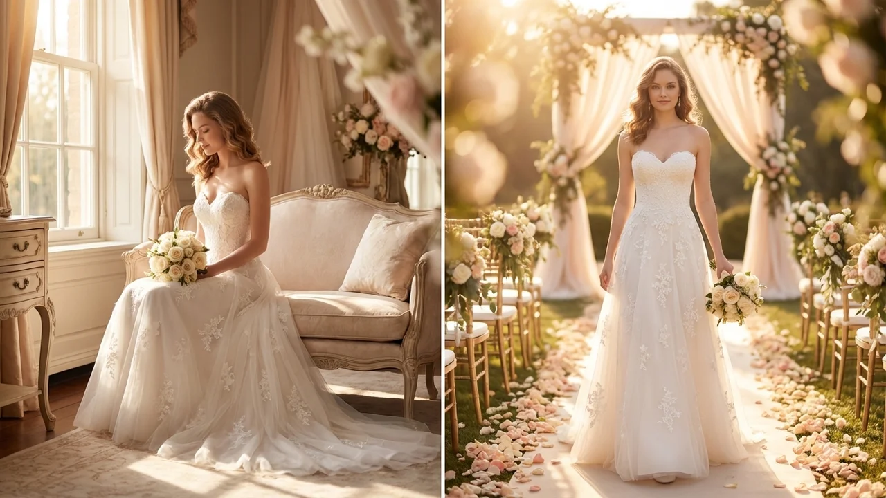 Robe de Mariée Romantique en Dentelle Sans Bretelles Ligne A - 5