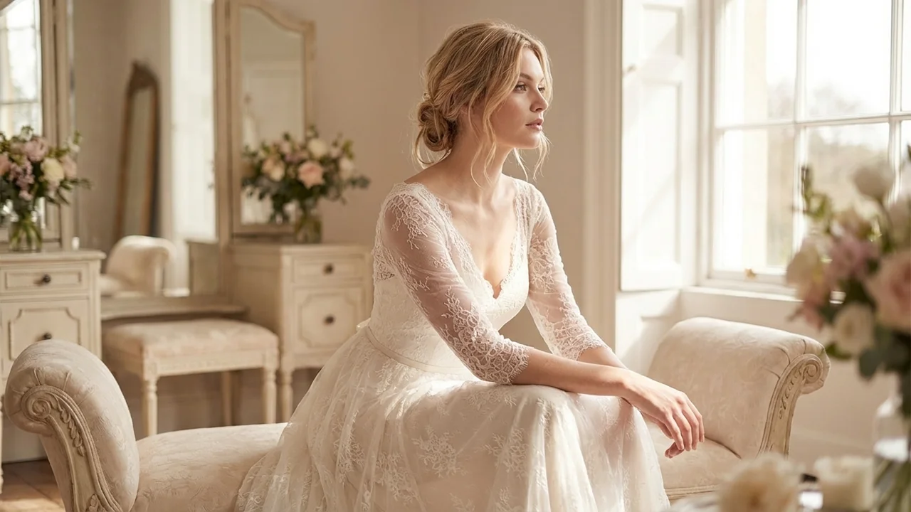 Romantic Lace A-Line Gown with 3/4 Sleeves - 5