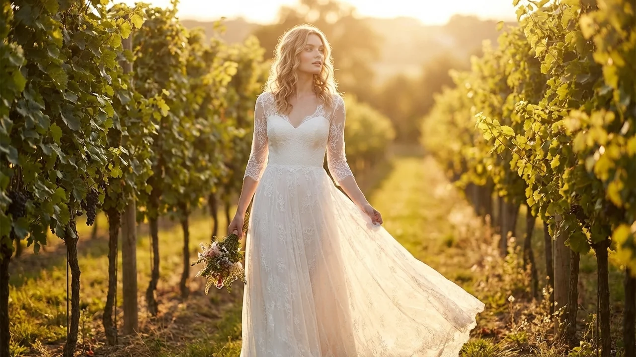 Romantic Lace A-Line Gown with 3/4 Sleeves - 6