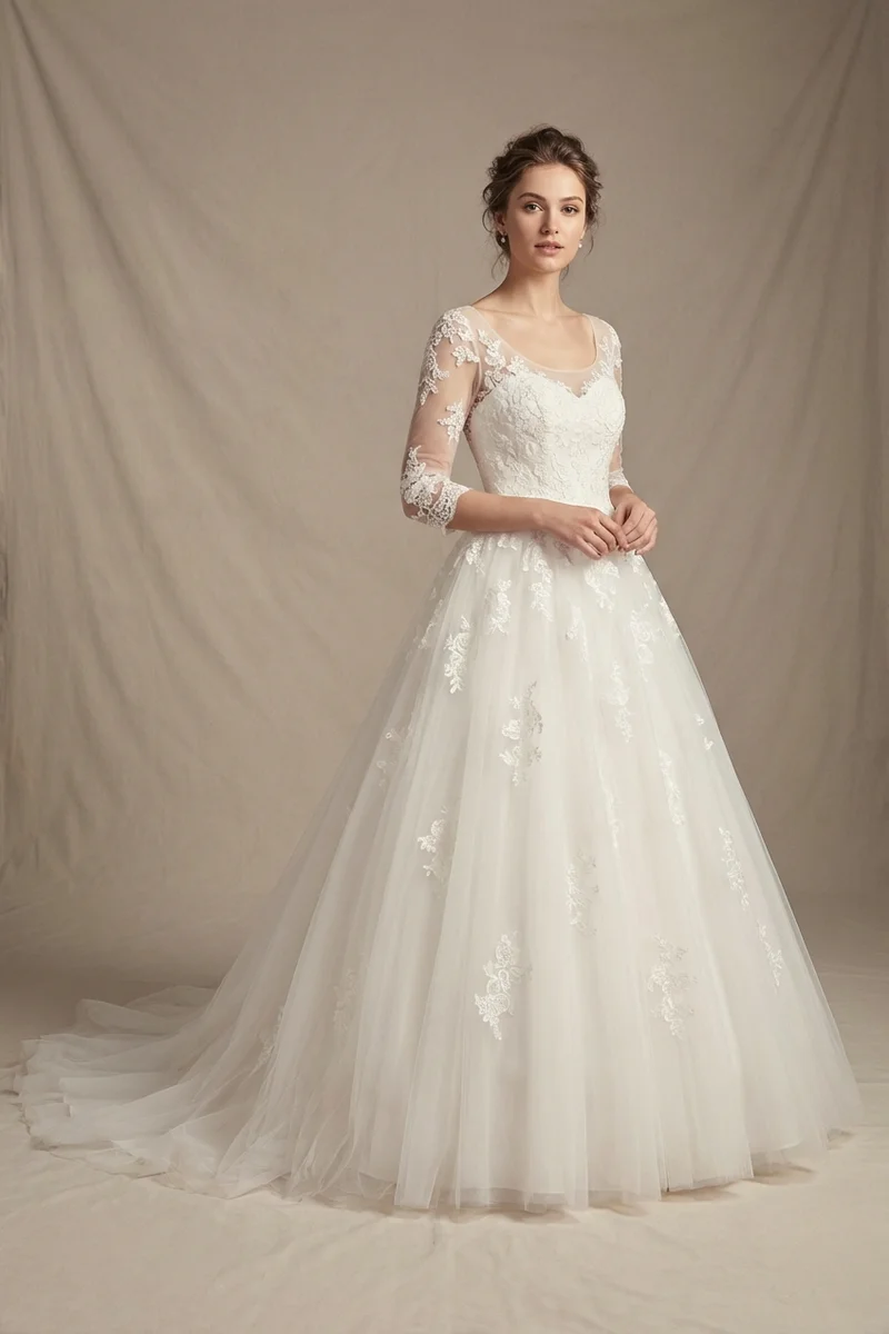 Elegant Tulle Wedding Dress with Appliqué 3/4 Sleeves - 1