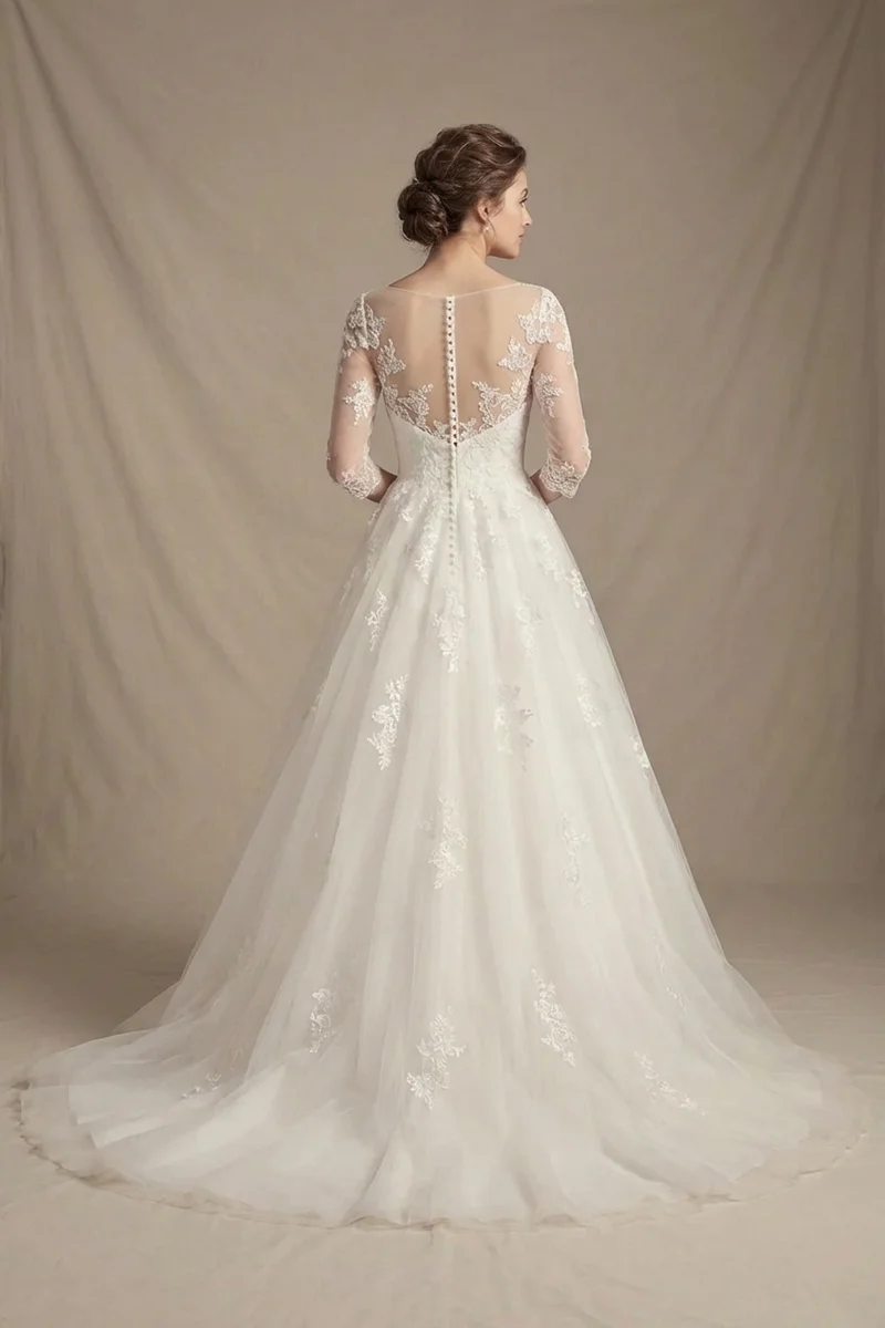 Elegant Tulle Wedding Dress with Appliqué 3/4 Sleeves - 2