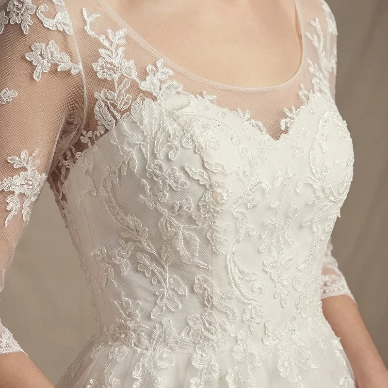 Elegant Tulle Wedding Dress with Appliqué 3/4 Sleeves - 3