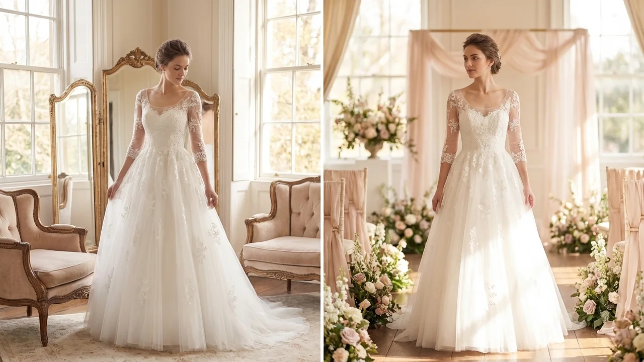 Elegant Tulle Wedding Dress with Appliqué 3/4 Sleeves - 5
