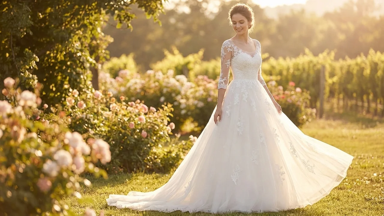 Elegant Tulle Wedding Dress with Appliqué 3/4 Sleeves - 6