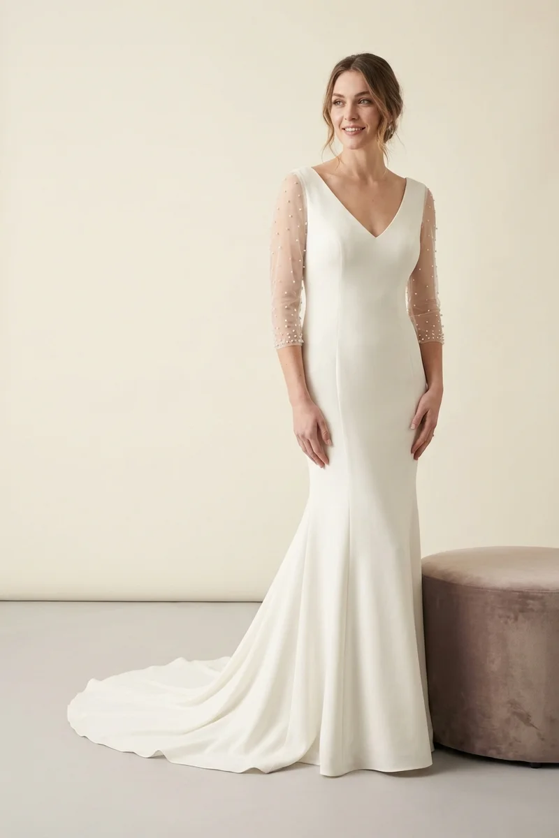 Modern Crepe Gown with Sheer 3/4 Sleeves - 1