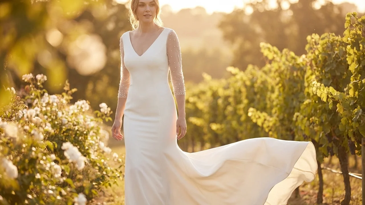 Modernes Crêpe-Kleid mit transparenten 3/4-Ärmeln - 6