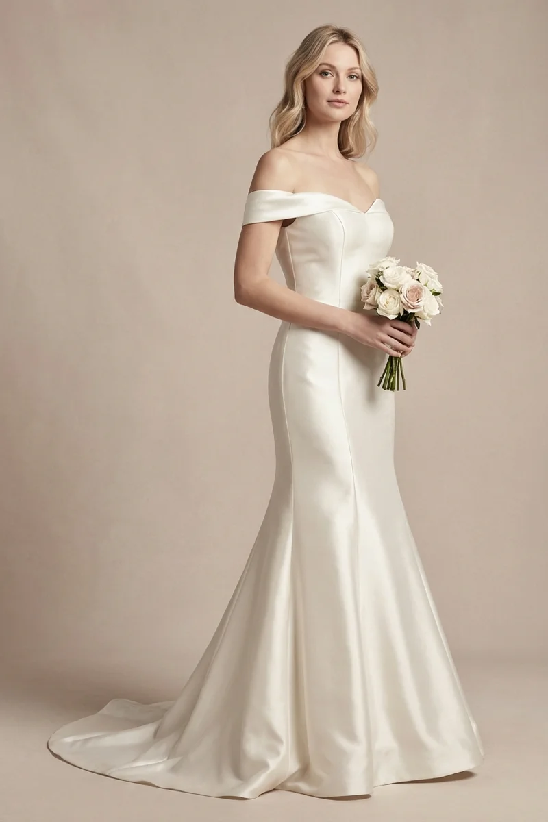 Satin Trumpet Bridal Gown with Off-Shoulder Sleeves - 1