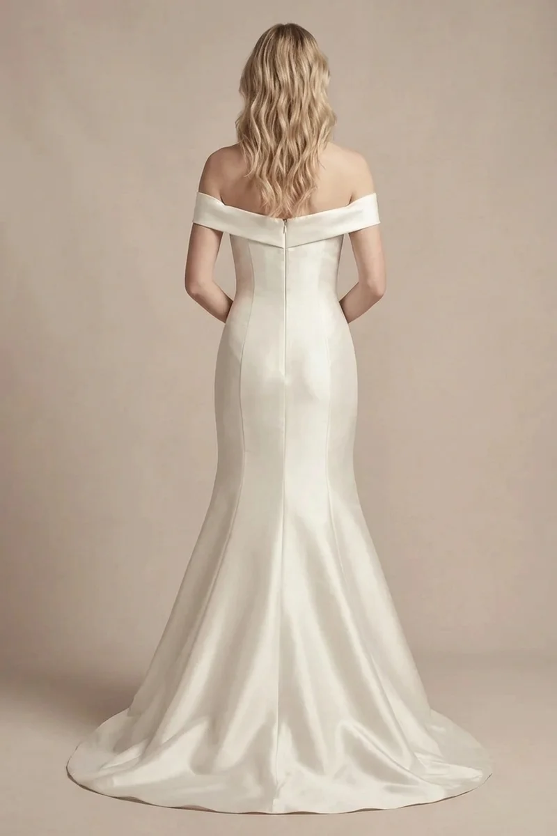 Satin Trumpet Bridal Gown with Off-Shoulder Sleeves - 2