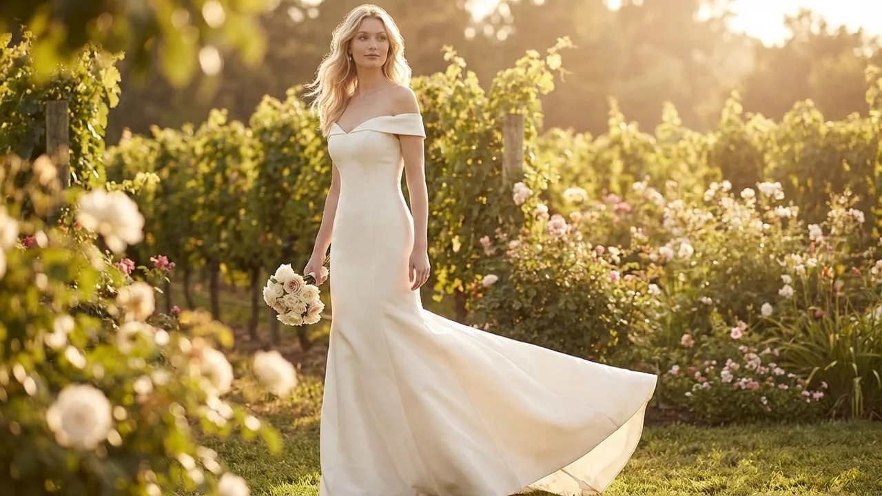 Satin Trumpet Bridal Gown with Off-Shoulder Sleeves - 6
