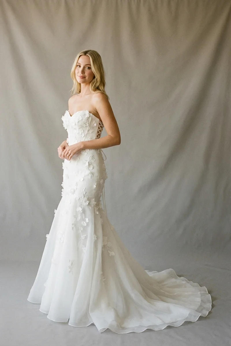 Robe de Mariée Trompette en Organza avec Appliqués Floraux - 1