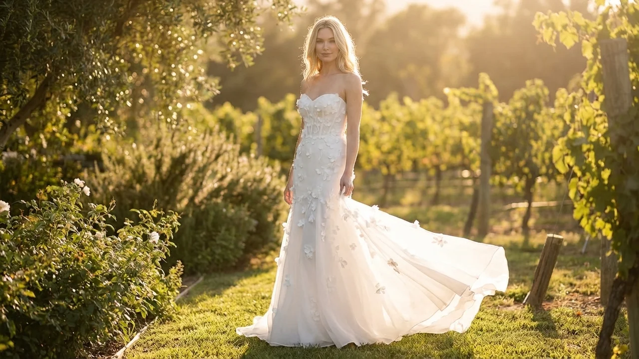 Trompeten-Organza-Brautkleid mit Blütenapplikation - 6