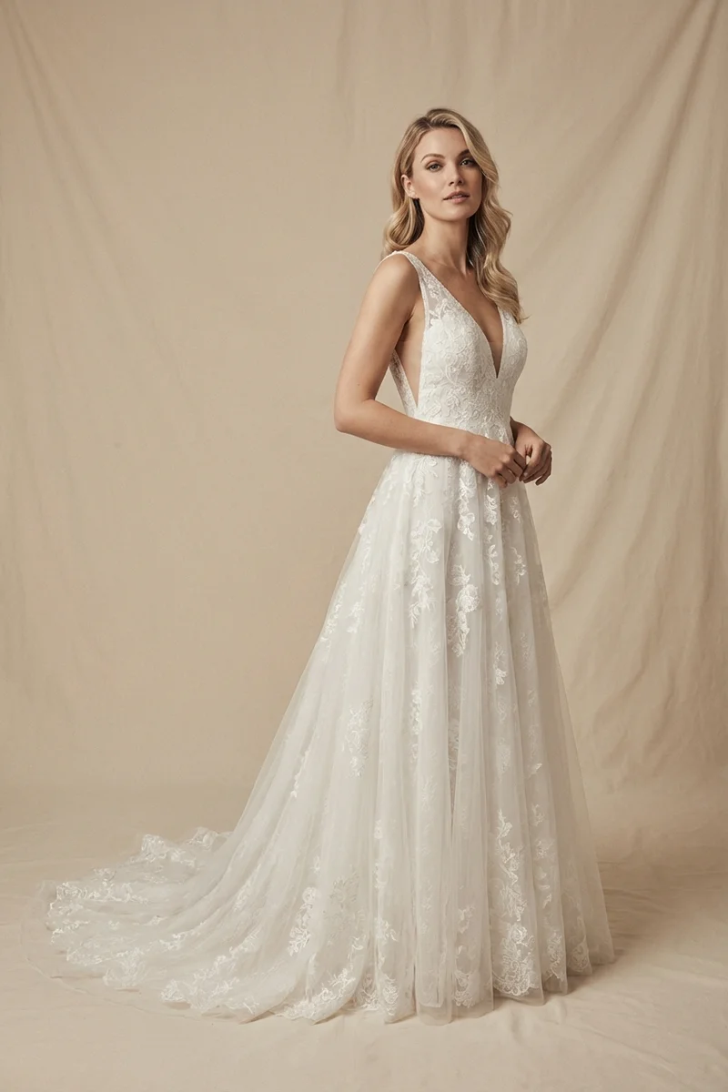 Romantisches Spitzen-Brautkleid mit V-Ausschnitt A-Linie - 1