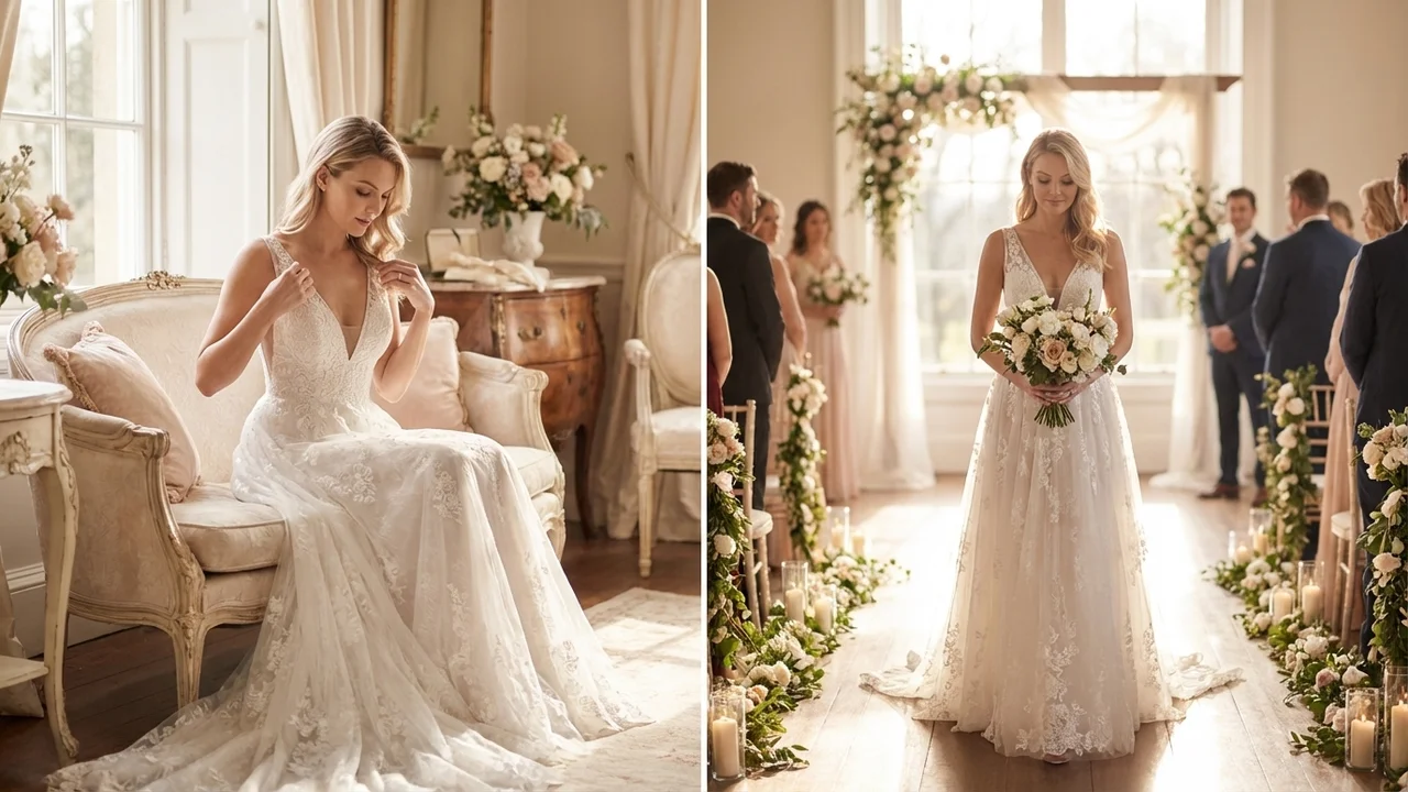 Romantisches Spitzen-Brautkleid mit V-Ausschnitt A-Linie - 5