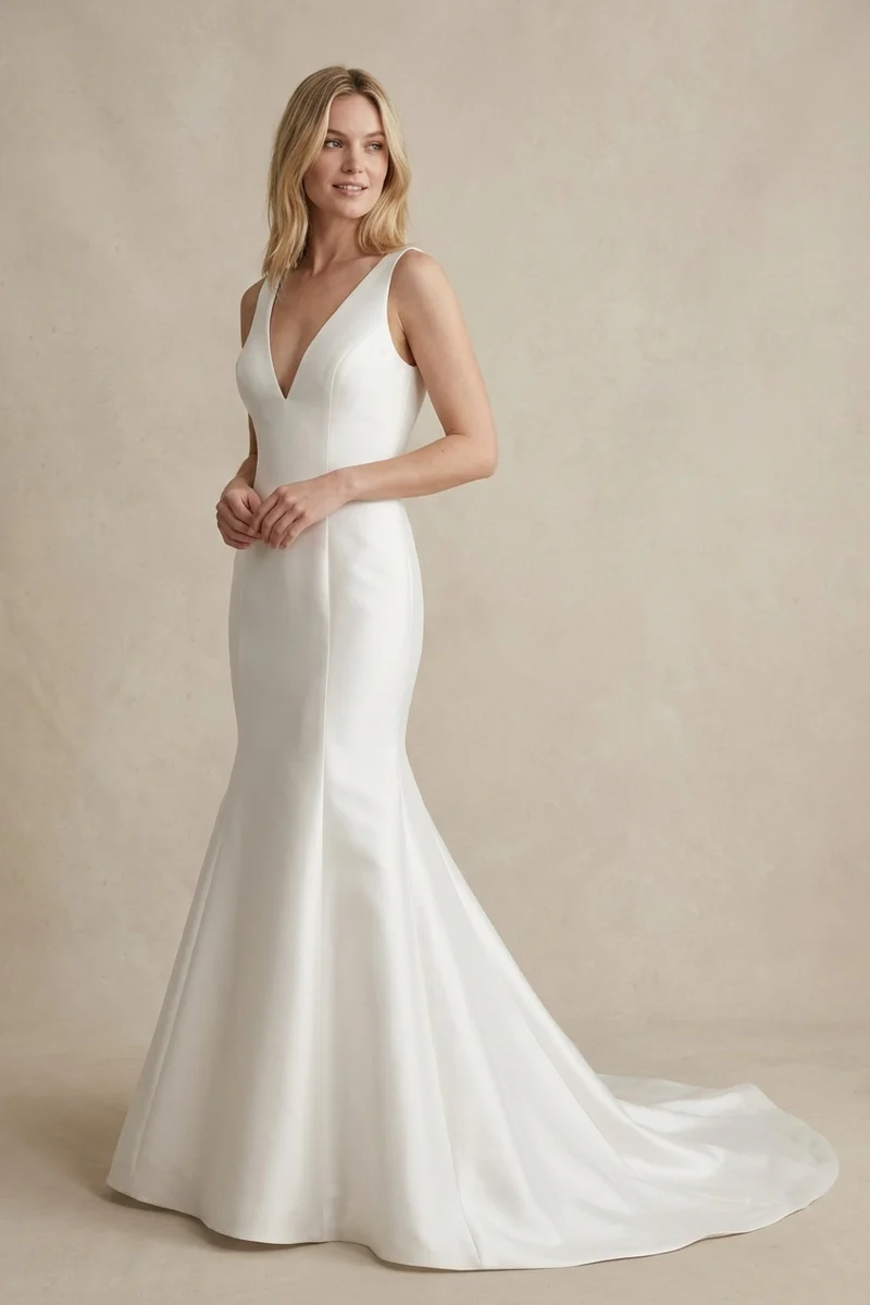 Robe de Mariée Sirène en Satin Col en V Épuré - 1