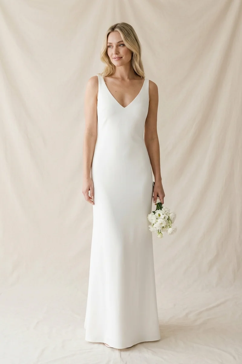 Schlichtes Weißes Crêpe-Slip-Brautkleid - 1