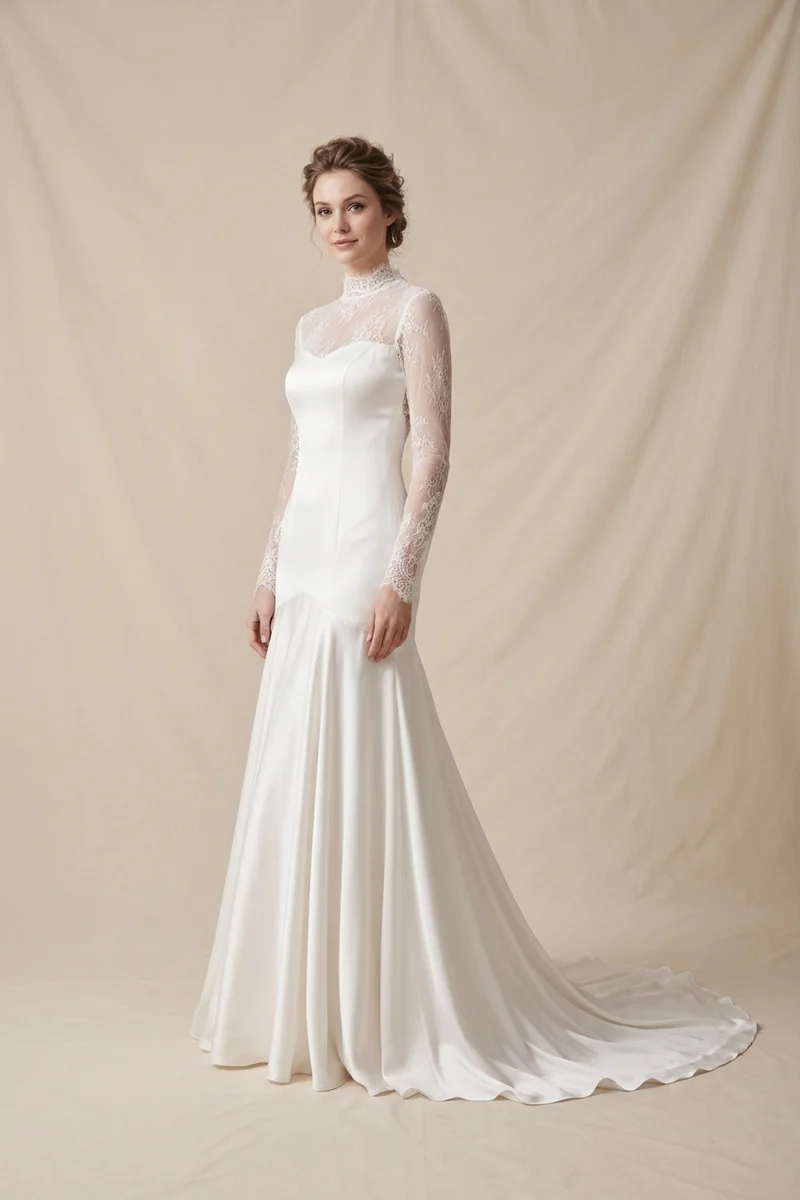 Eleanor Long Sleeve Satin Winter Wedding Dress - 1