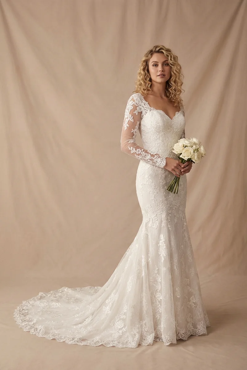 Genevieve Lace Long Sleeve Winter Wedding Dress - 1
